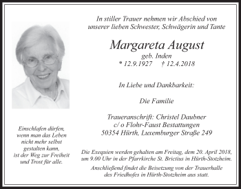 Anzeige von Margareta August von  Wochenende 