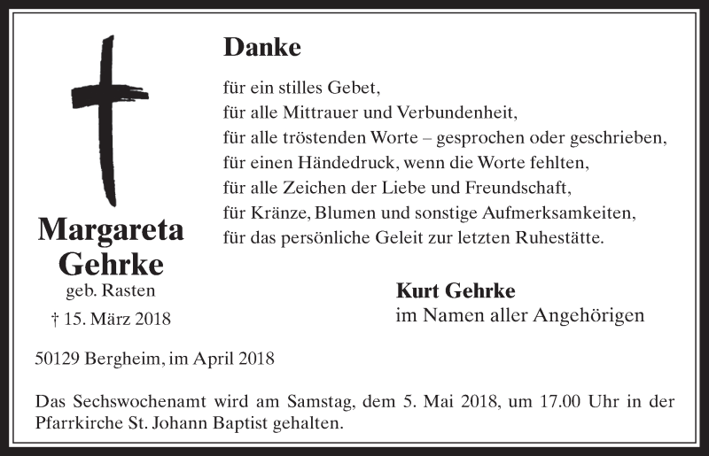  Traueranzeige für Margareta Gehrke vom 25.04.2018 aus  Werbepost 