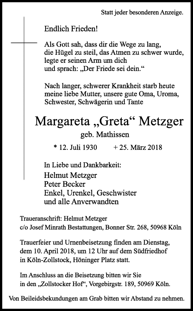  Traueranzeige für Margareta Metzger vom 07.04.2018 aus Kölner Stadt-Anzeiger / Kölnische Rundschau / Express