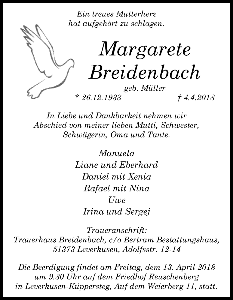  Traueranzeige für Margarete Breidenbach vom 09.04.2018 aus Kölner Stadt-Anzeiger / Kölnische Rundschau / Express