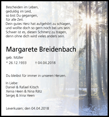 Anzeige von Margarete Breidenbach von Kölner Stadt-Anzeiger / Kölnische Rundschau / Express