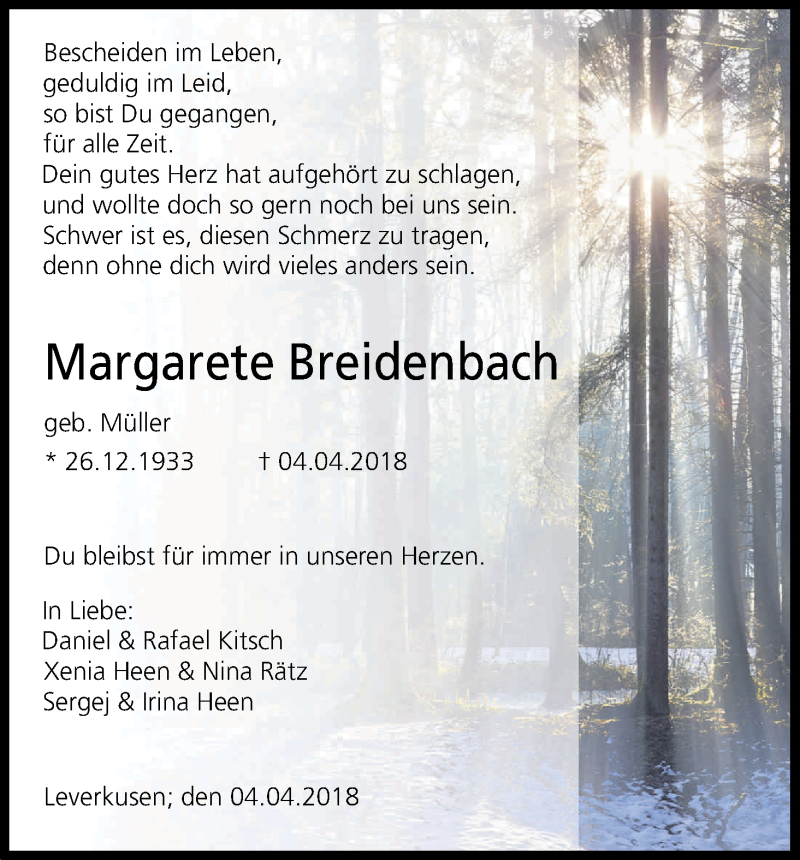  Traueranzeige für Margarete Breidenbach vom 07.04.2018 aus Kölner Stadt-Anzeiger / Kölnische Rundschau / Express