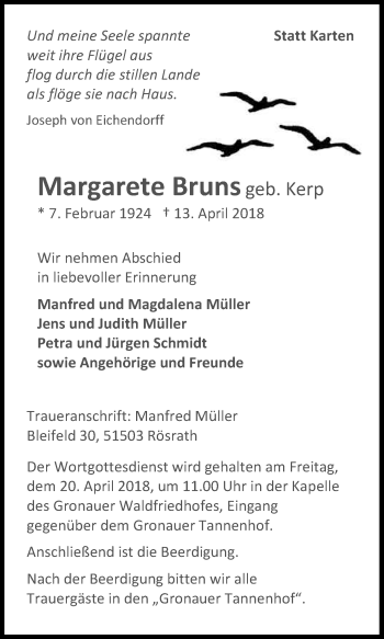 Anzeige von Margarete Bruns von Kölner Stadt-Anzeiger / Kölnische Rundschau / Express