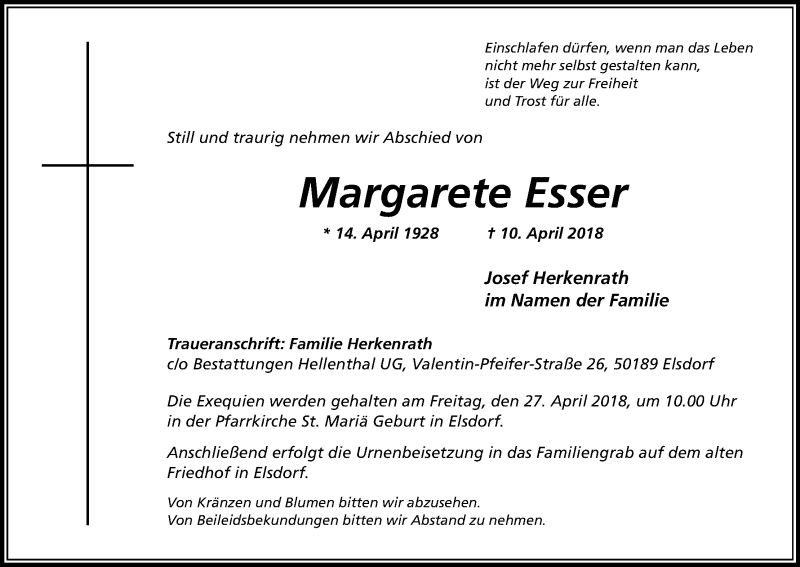  Traueranzeige für Margarete Esser vom 21.04.2018 aus Kölner Stadt-Anzeiger / Kölnische Rundschau / Express