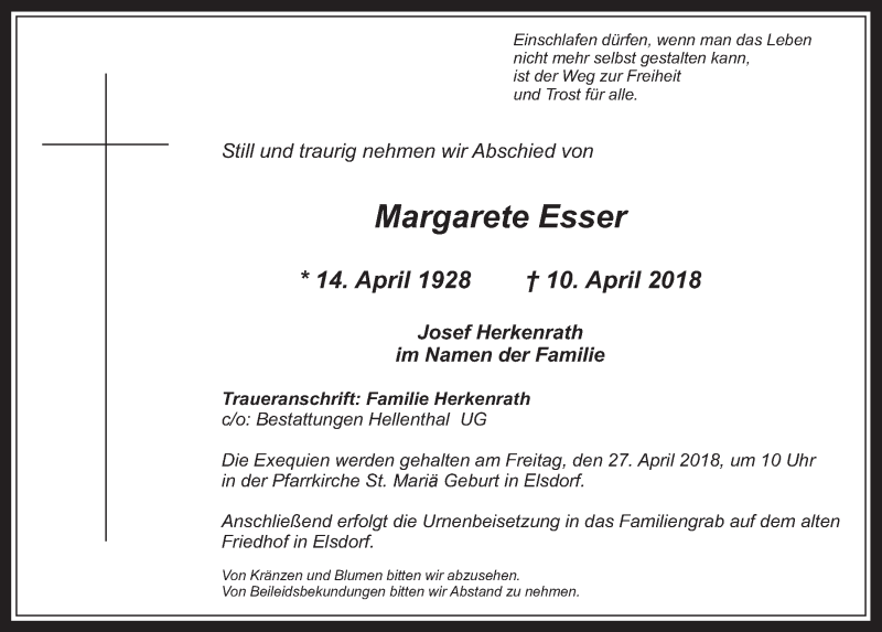  Traueranzeige für Margarete Esser vom 21.04.2018 aus  Werbepost 