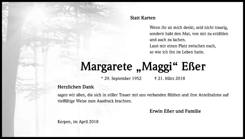  Traueranzeige für Margarete Eßer vom 21.04.2018 aus Kölner Stadt-Anzeiger / Kölnische Rundschau / Express