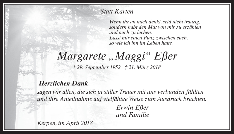  Traueranzeige für Margarete Eßer vom 18.04.2018 aus  Werbepost 