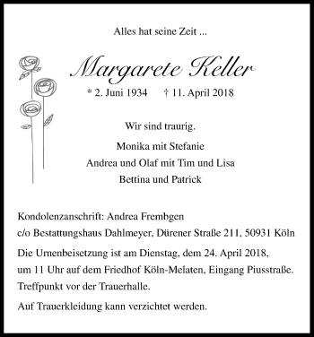 Anzeige von Margarete Keller von Kölner Stadt-Anzeiger / Kölnische Rundschau / Express