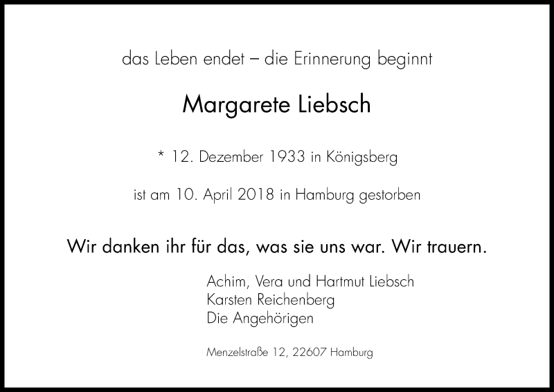  Traueranzeige für Margarete Liebsch vom 20.04.2018 aus Kölner Stadt-Anzeiger / Kölnische Rundschau / Express