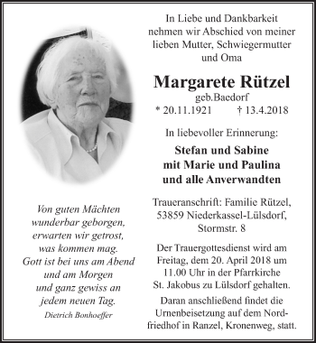 Anzeige von Margarete Rützel von  Extra Blatt 