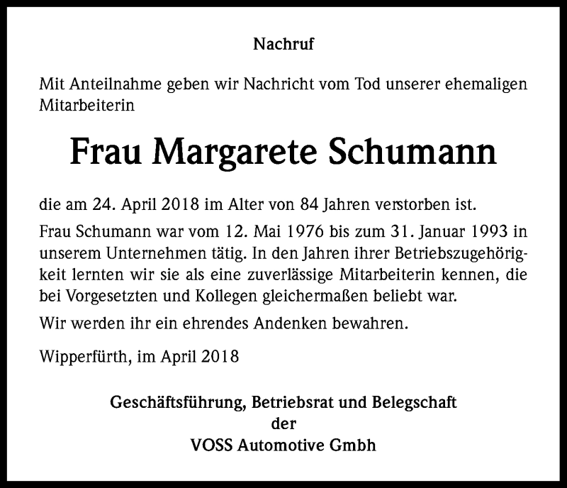  Traueranzeige für Margarete Schumann vom 30.04.2018 aus Kölner Stadt-Anzeiger / Kölnische Rundschau / Express