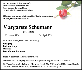 Anzeige von Margarete Schumann von Kölner Stadt-Anzeiger / Kölnische Rundschau / Express