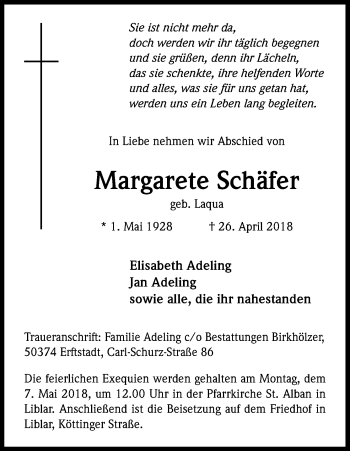 Anzeige von Margarete Schäfer von Kölner Stadt-Anzeiger / Kölnische Rundschau / Express