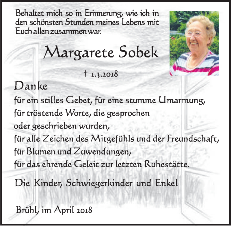  Traueranzeige für Margarete Sobek vom 11.04.2018 aus  Schlossbote/Werbekurier 