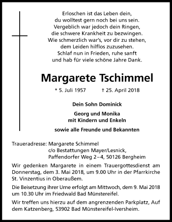 Anzeige von Margarethe Tschimmel von Kölner Stadt-Anzeiger / Kölnische Rundschau / Express