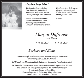Anzeige von Margot Dufrenne von  Sonntags-Post 