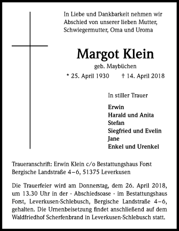Anzeige von Margot Klein von Kölner Stadt-Anzeiger / Kölnische Rundschau / Express