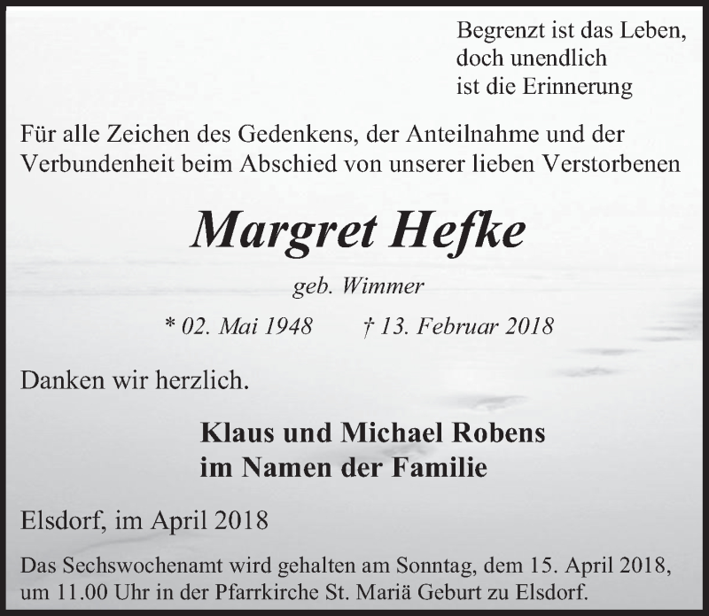  Traueranzeige für Margret Hefke vom 04.04.2018 aus  Werbepost 
