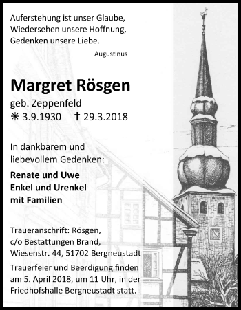Anzeige von Margret Rösgen von Kölner Stadt-Anzeiger / Kölnische Rundschau / Express