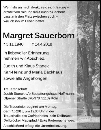 Anzeige von Margret Sauerborn von Kölner Stadt-Anzeiger / Kölnische Rundschau / Express