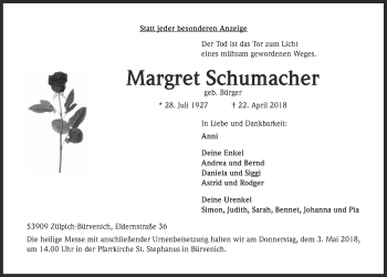 Anzeige von Margret Schumacher von  Blickpunkt Euskirchen 