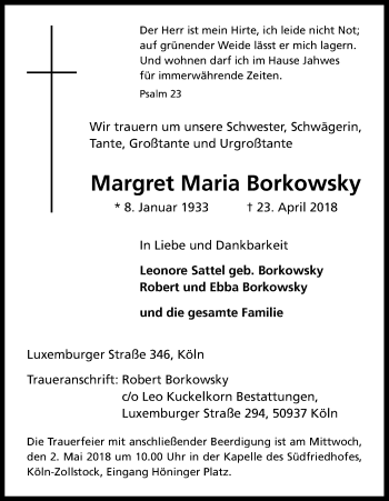 Anzeige von Margret Maria Borkowsky von Kölner Stadt-Anzeiger / Kölnische Rundschau / Express