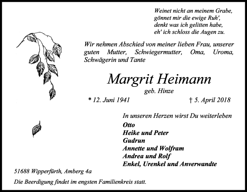  Traueranzeige für Margrit Heimann vom 10.04.2018 aus Kölner Stadt-Anzeiger / Kölnische Rundschau / Express
