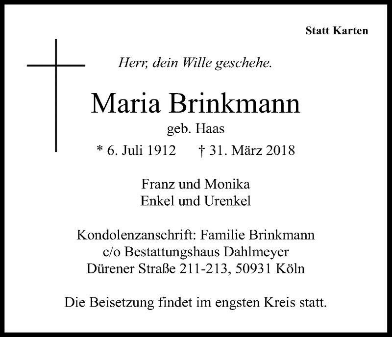 Traueranzeige für Maria Brinkmann vom 07.04.2018 aus Kölner Stadt-Anzeiger / Kölnische Rundschau / Express