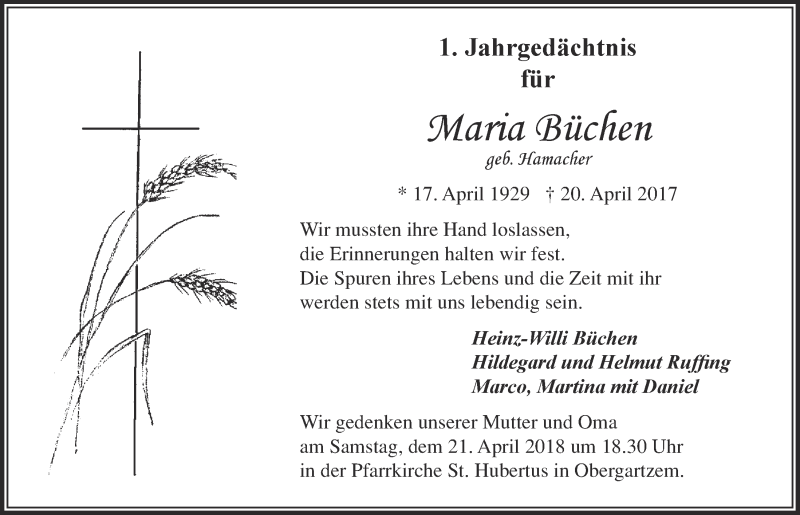  Traueranzeige für Maria Büchen vom 14.04.2018 aus  Blickpunkt Euskirchen 