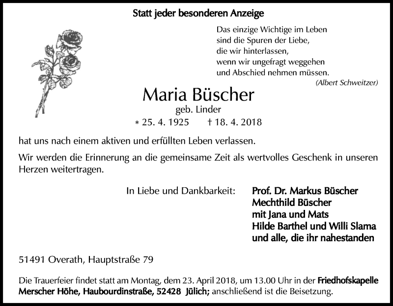  Traueranzeige für Maria Büscher vom 21.04.2018 aus Kölner Stadt-Anzeiger / Kölnische Rundschau / Express