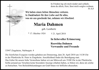 Anzeige von Maria Dahmen von Kölner Stadt-Anzeiger / Kölnische Rundschau / Express