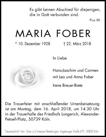 Anzeige von Maria Fober von Kölner Stadt-Anzeiger / Kölnische Rundschau / Express