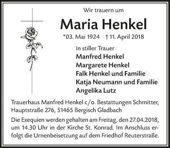Anzeige von Maria Henkel von  Bergisches Handelsblatt 