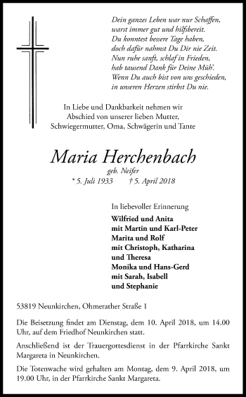 Anzeige von Maria Herchenbach von Kölner Stadt-Anzeiger / Kölnische Rundschau / Express