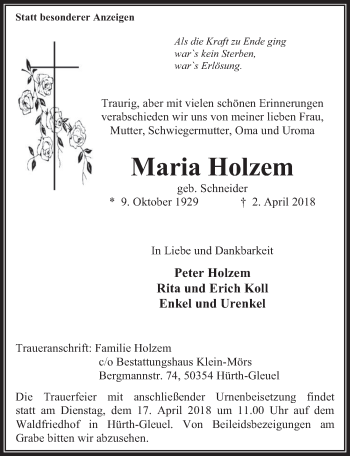 Anzeige von Maria Holzem von  Wochenende 