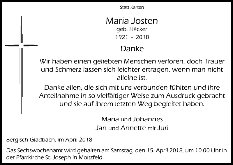  Traueranzeige für Maria Josten vom 07.04.2018 aus Kölner Stadt-Anzeiger / Kölnische Rundschau / Express