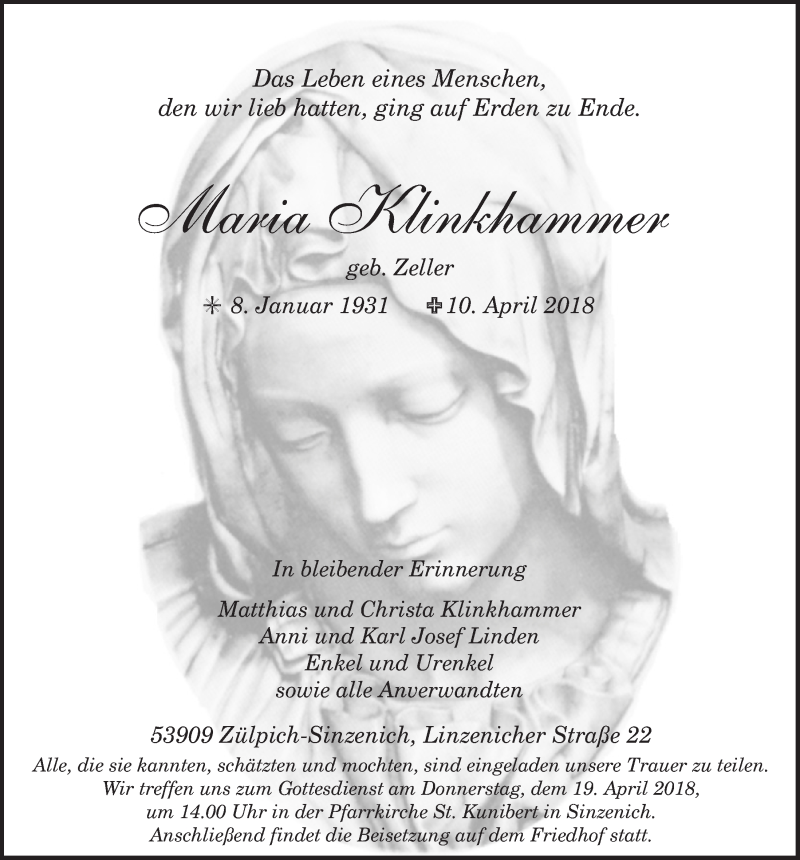  Traueranzeige für Maria Klinkhammer vom 14.04.2018 aus  Blickpunkt Euskirchen 