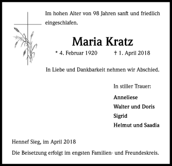 Anzeige von Maria Kratz von Kölner Stadt-Anzeiger / Kölnische Rundschau / Express