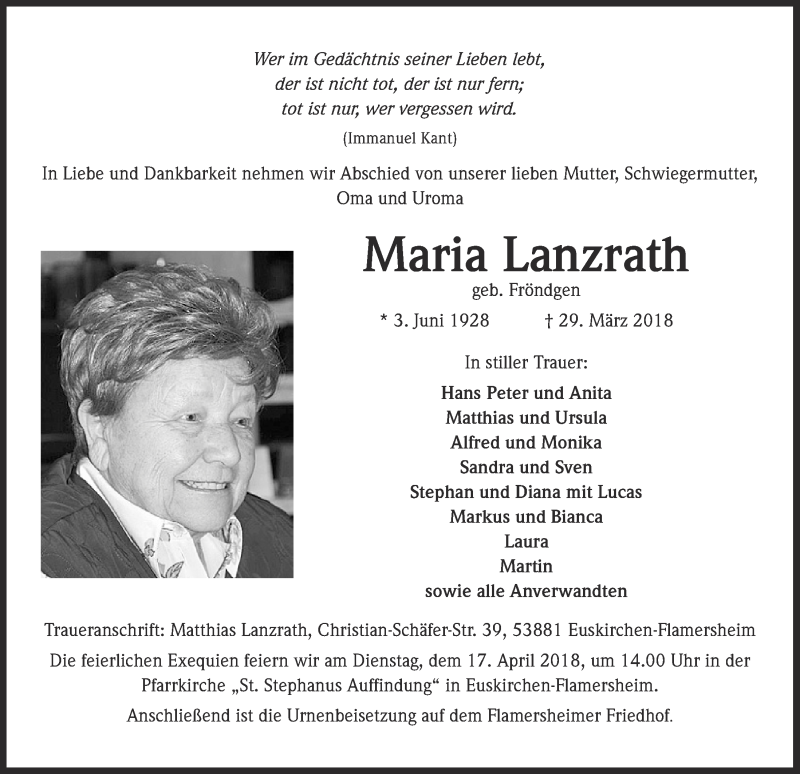  Traueranzeige für Maria Lanzrath vom 14.04.2018 aus  Blickpunkt Euskirchen 