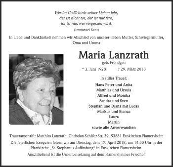 Anzeige von Maria Lanzrath von  Blickpunkt Euskirchen 