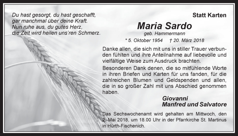  Traueranzeige für Maria Sardo vom 25.04.2018 aus  Wochenende 