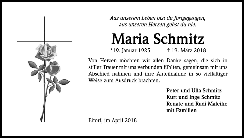  Traueranzeige für Maria Schmitz vom 14.04.2018 aus Kölner Stadt-Anzeiger / Kölnische Rundschau / Express