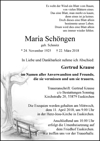Anzeige von Maria Schöngen von  Blickpunkt Euskirchen 