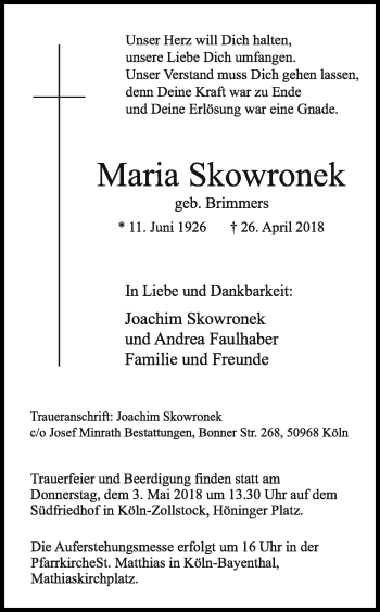 Anzeige von Maria Skowronek von Kölner Stadt-Anzeiger / Kölnische Rundschau / Express