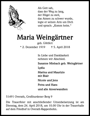 Anzeige von Maria Weingärtner von Kölner Stadt-Anzeiger / Kölnische Rundschau / Express