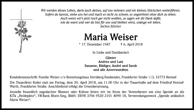  Traueranzeige für Maria Weiser vom 18.04.2018 aus Kölner Stadt-Anzeiger / Kölnische Rundschau / Express
