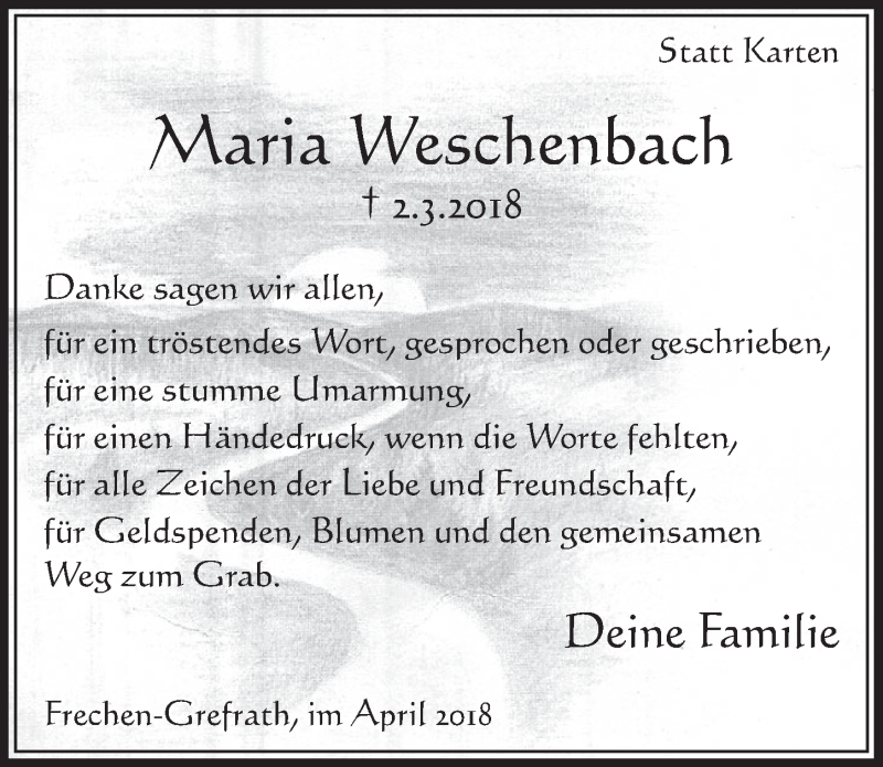  Traueranzeige für Maria Weschenbach vom 07.04.2018 aus  Sonntags-Post 