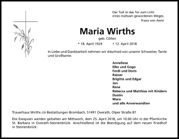 Anzeige von Maria Wirths von Kölner Stadt-Anzeiger / Kölnische Rundschau / Express