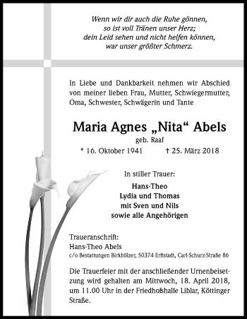 Anzeige von Maria Agnes Abels von Kölner Stadt-Anzeiger / Kölnische Rundschau / Express