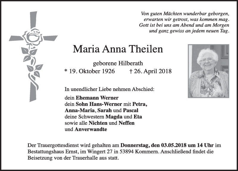  Traueranzeige für Maria Anna Theilen vom 28.04.2018 aus  Blickpunkt Euskirchen 